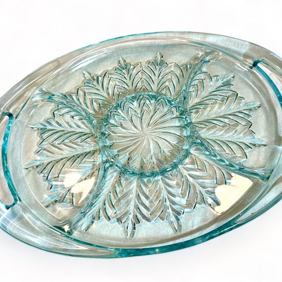 Jeanette Glass Co Blue Feather Divided Glass Serving Relish Tray, Tea Party - Picture 1 of 7